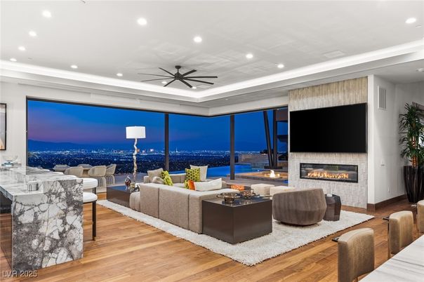 Fireplace, Interior, Living room, Recessed Lighting, Wood Texture Flooring