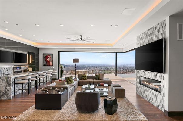 Fireplace, Interior, Living room, Recessed Lighting, Wood Texture Flooring