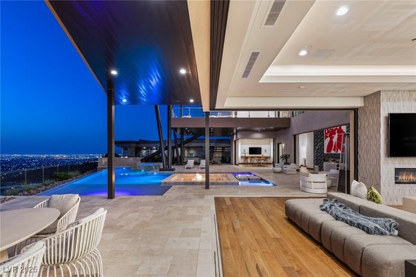 Fireplace, Interior, Living room, Pool, Recessed Lighting, Wood Texture Flooring