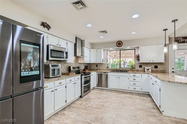 Interior, Kitchen, Pendant Lights, Recessed Lighting, Stainless Steel Appliances, Wood Texture Flooring