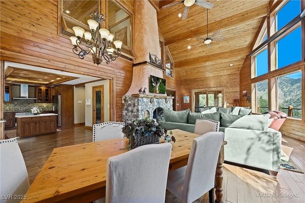Chandelier, Dining room, Fireplace, Interior, Kitchen, Living room, Recessed Lighting, Wooden Beams, Wooden Ceilings, Wood Texture Flooring, Wooden Walls