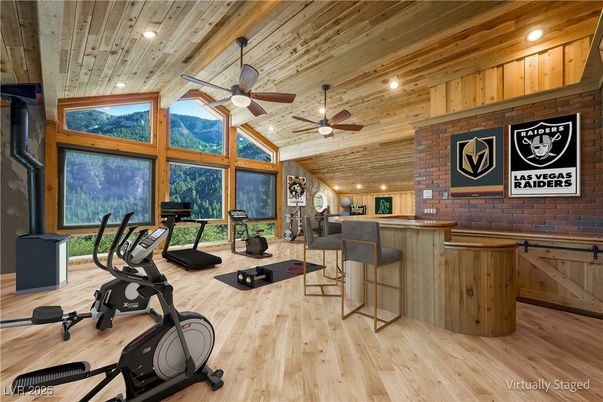Fitness Equipment, Interior, Recessed Lighting, Stone Walls, Wooden Ceilings, Wood Texture Flooring, Wooden Walls