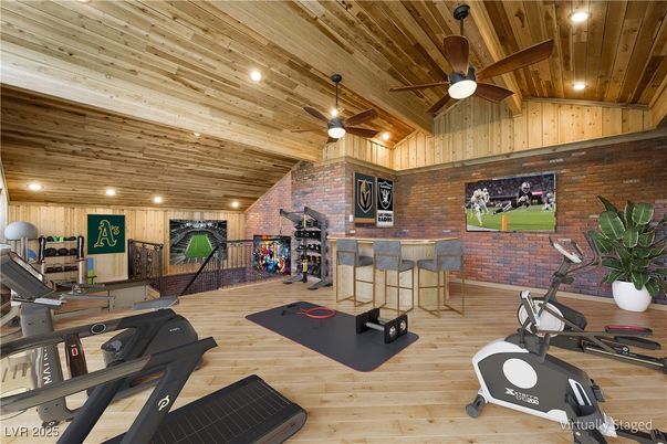 Fitness Equipment, Interior, Recessed Lighting, Stone Walls, Wooden Ceilings, Wood Texture Flooring, Wooden Walls