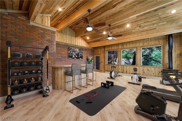 Fitness Equipment, Interior, Recessed Lighting, Stone Walls, Wooden Beams, Wooden Ceilings, Wood Texture Flooring, Wooden Walls