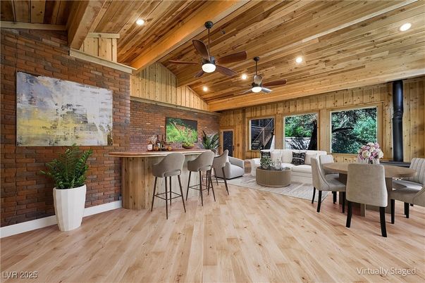 Dining room, Interior, Recessed Lighting, Stone Walls, Wooden Beams, Wooden Ceilings, Wood Texture Flooring, Wooden Walls