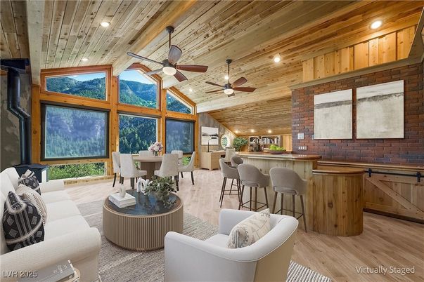 Dining room, Interior, Living room, Recessed Lighting, Stone Walls, Wooden Ceilings, Wood Texture Flooring