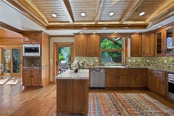 Interior, Kitchen, Recessed Lighting, Stainless Steel Appliances, Wooden Ceilings, Wood Texture Flooring