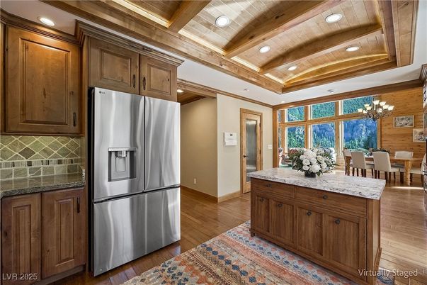 Chandelier, Dining room, Interior, Kitchen, Recessed Lighting, Stainless Steel Appliances, Wooden Beams, Wooden Ceilings, Wood Texture Flooring