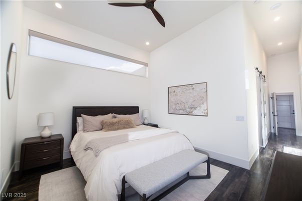 Bedroom, Interior, Recessed Lighting, Wood Texture Flooring