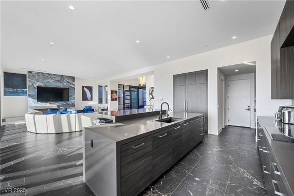 Interior, Kitchen, Living room, Marble, Recessed Lighting, Stainless Steel Appliances