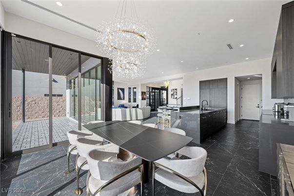 Chandelier, Dining room, Interior, Kitchen, Living room, Marble, Pendant Lights, Recessed Lighting