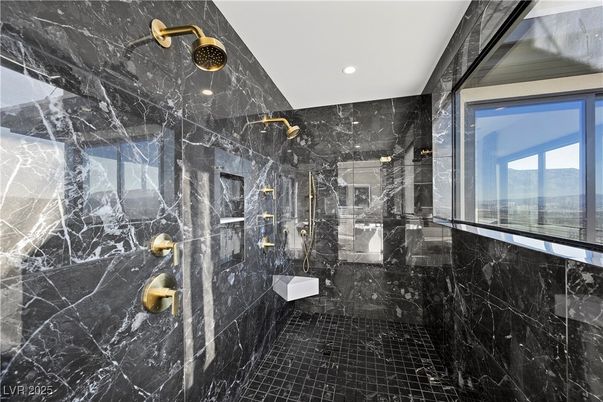 Bathroom, Glass Shower, Interior, Marble Walls, Recessed Lighting