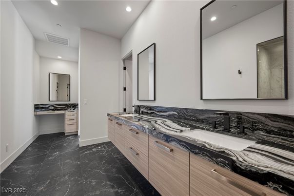 Bathroom, Dual Sink Vanities, Interior, Marble, Recessed Lighting