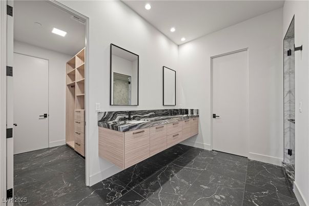 Bathroom, Dual Sink Vanities, Interior, Marble, Recessed Lighting