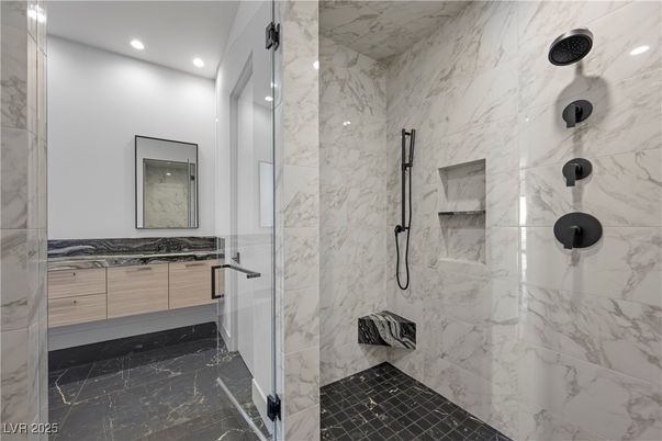 Bathroom, Glass Shower, Interior, Marble, Marble Walls, Recessed Lighting