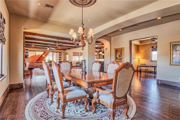 Chandelier, Dining room, Interior, Recessed Lighting, Wooden Beams, Wood Texture Flooring