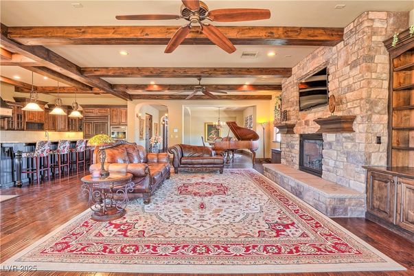 Fireplace, Interior, Kitchen, Living room, Pendant Lights, Recessed Lighting, Stone Walls, Wooden Beams, Wood Texture Flooring