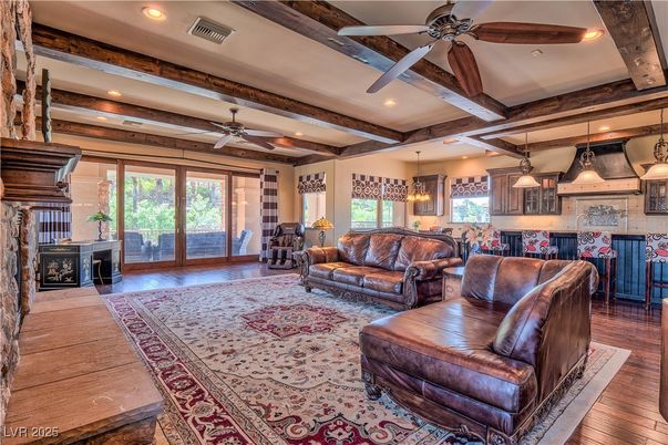 Interior, Kitchen, Living room, Pendant Lights, Recessed Lighting, Wooden Beams, Wood Texture Flooring