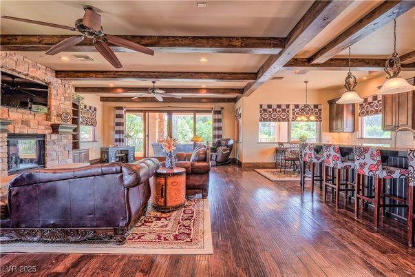 Dining room, Fireplace, Interior, Kitchen, Living room, Pendant Lights, Recessed Lighting, Stone Walls, Wooden Beams, Wood Texture Flooring