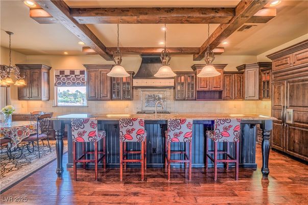 Dining room, Interior, Kitchen, Pendant Lights, Recessed Lighting, Wooden Beams, Wood Texture Flooring