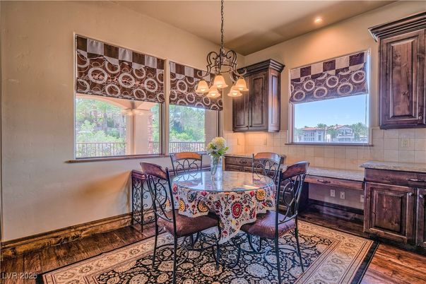 Dining room, Interior, Pendant Lights, Recessed Lighting, Wood Texture Flooring
