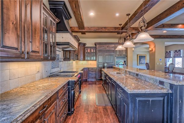 Interior, Kitchen, Pendant Lights, Recessed Lighting, Wooden Beams, Wood Texture Flooring