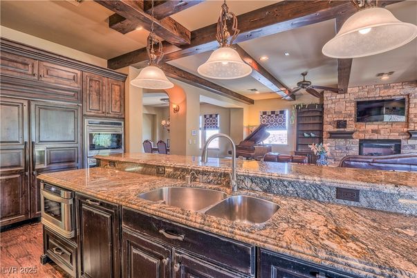 Fireplace, Interior, Kitchen, Pendant Lights, Recessed Lighting, Stone Walls, Wooden Beams, Wood Texture Flooring