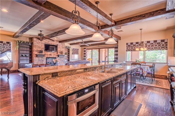 Dining room, Interior, Pendant Lights, Recessed Lighting, Stone Walls, Wooden Beams, Wood Texture Flooring