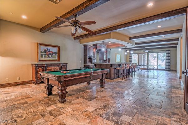 Billiard Table, Game Room, Interior, Recessed Lighting, Wooden Beams