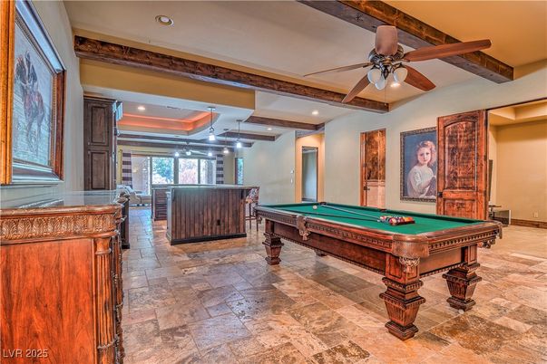 Billiard Table, Game Room, Interior, Recessed Lighting, Wooden Beams