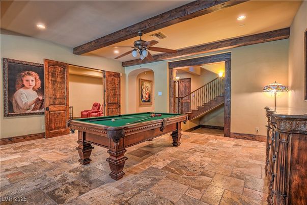 Billiard Table, Game Room, Interior, Recessed Lighting, Wooden Beams