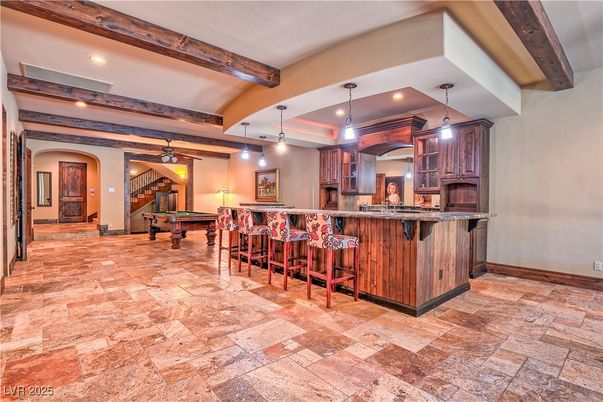 Billiard Table, Game Room, Interior, Pendant Lights, Recessed Lighting, Wooden Beams