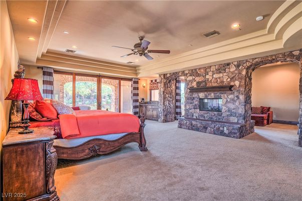 Bedroom, Fireplace, Interior, Recessed Lighting, Stone Walls