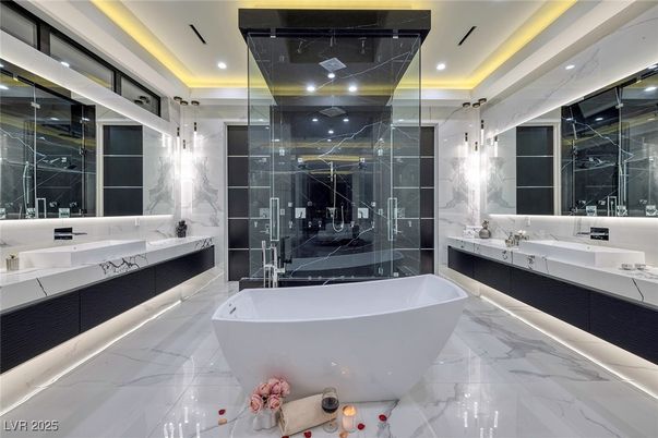 Bathroom, Dual Sink Vanities, Free Standing Baths, Glass Shower, Interior, Marble, Marble Walls, Recessed Lighting
