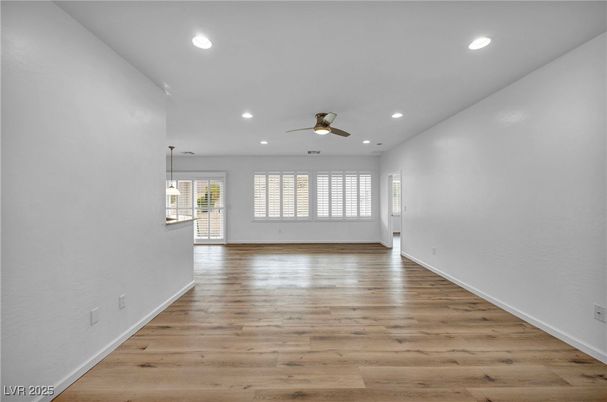 Empty room, Interior, Pendant Lights, Recessed Lighting, Wood Texture Flooring