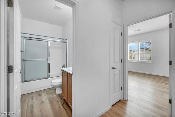 Bathroom, Glass Shower, Interior, Wood Texture Flooring