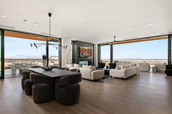 Dining room, Interior, Living room, Pendant Lights, Recessed Lighting, Wood Texture Flooring