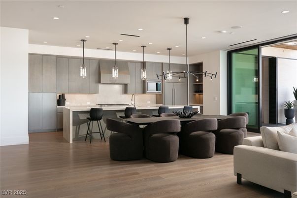 Interior, Kitchen, Living room, Pendant Lights, Recessed Lighting, Wood Texture Flooring