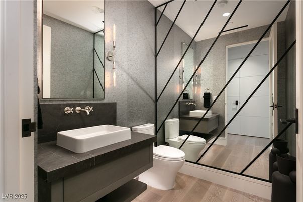 Bathroom, Glass Shower, Interior, Wood Texture Flooring