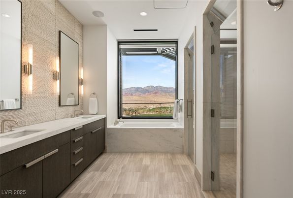 Bathroom, Dual Sink Vanities, Glass Shower, Interior, Recessed Lighting, Wood Texture Flooring