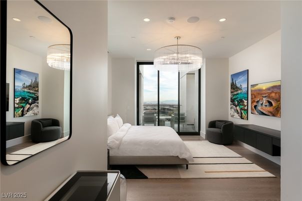 Bedroom, Chandelier, Interior, Recessed Lighting, Wood Texture Flooring