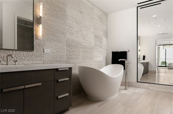 Bathroom, Dual Sink Vanities, Free Standing Baths, Interior, Recessed Lighting, Wood Texture Flooring
