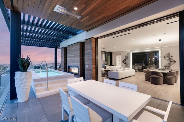 Dining room, Fireplace, Interior, Living room, Pendant Lights, Pool, Recessed Lighting, Stone Walls, Wooden Ceilings, Wood Texture Flooring
