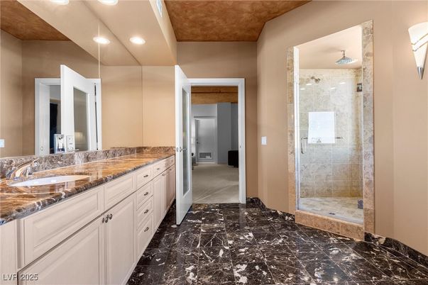 Bathroom, Dual Sink Vanities, Glass Shower, Interior, Marble, Recessed Lighting