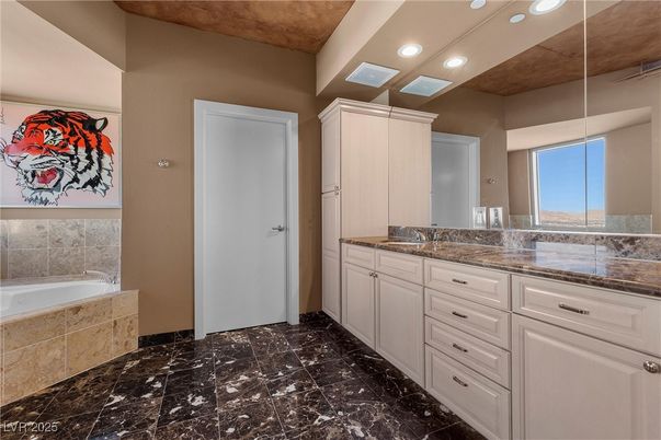Bathroom, Dual Sink Vanities, Interior, Marble, Recessed Lighting