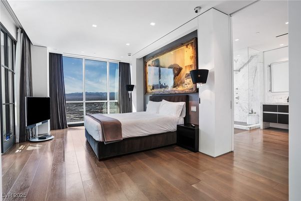 Bedroom, Interior, Marble Walls, Recessed Lighting, Water, Wood Texture Flooring