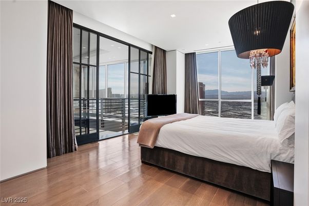 Bedroom, Chandelier, Interior, Recessed Lighting, Wood Texture Flooring