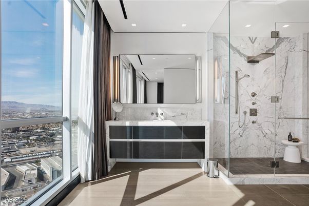 Bathroom, Glass Shower, Interior, Marble Walls, Recessed Lighting