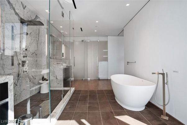 Bathroom, Free Standing Baths, Glass Shower, Interior, Marble Walls, Recessed Lighting