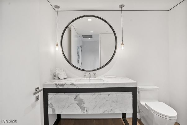 Bathroom, Interior, Pendant Lights, Recessed Lighting, Wood Texture Flooring
